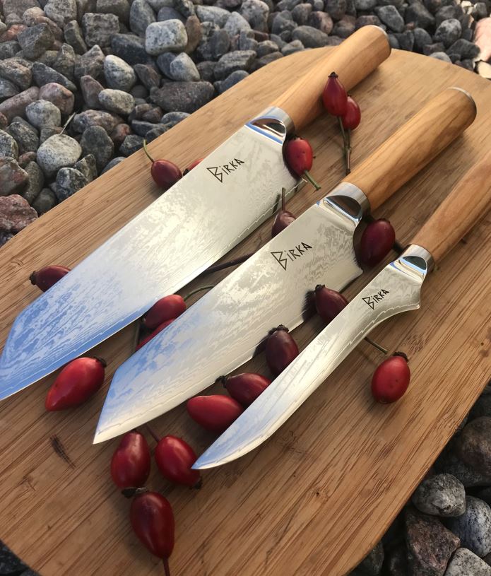 Birka knive knivsæt Damaskus 3 køkkenknive og knivblok